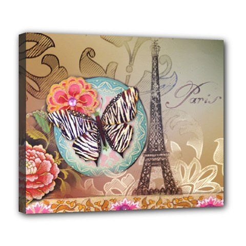 Fuschia Flowers Butterfly Eiffel Tower Vintage Paris Fashion Deluxe Canvas 24  X 20  (framed) by chicelegantboutique