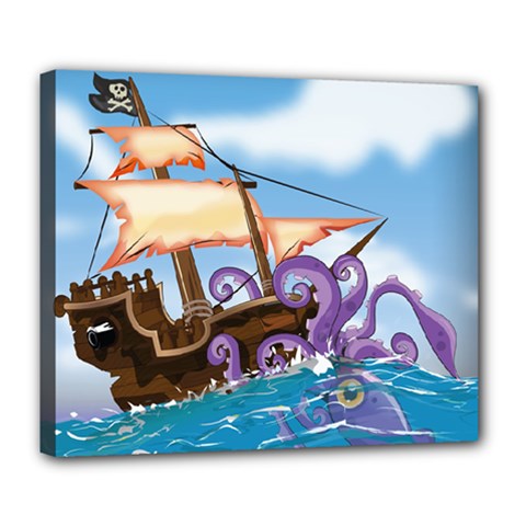 Pirate Ship Attacked By Giant Squid Cartoon Deluxe Canvas 24  X 20  (framed)