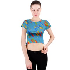 Colorful Shapes On A Blue Background Crew Neck Crop Top by LalyLauraFLM