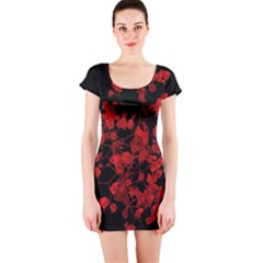 Dark Red Floral Print Short Sleeve Bodycon Dress