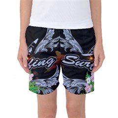 Surfboarder With Damask In Blue On Black Bakcground Women s Basketball Shorts by FantasyWorld7