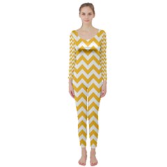 Sunny Yellow And White Zigzag Pattern Long Sleeve Catsuit