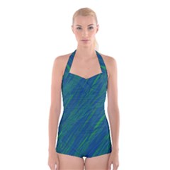 Green Pattern Boyleg Halter Swimsuit 