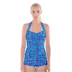 Blue Decorative Art Boyleg Halter Swimsuit 