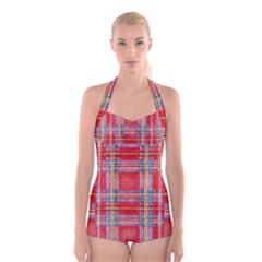 Checkered Design Boyleg Halter Swimsuit 