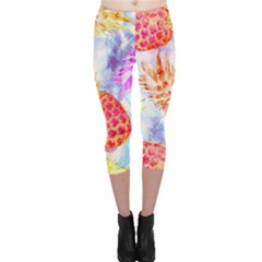 Colorful Pineapples Over A Blue Background Capri Leggings  by DanaeStudio