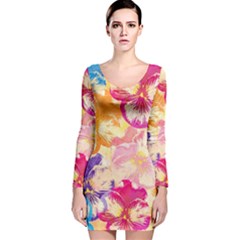 Colorful Pansies Field Long Sleeve Velvet Bodycon Dress by DanaeStudio