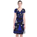 New Year pattern - blue Short Sleeve Front Wrap Dress View1