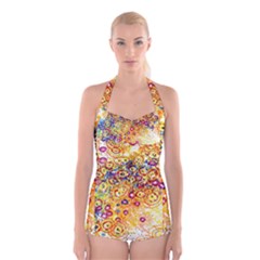 Canvas Acrylic Design Color Boyleg Halter Swimsuit 