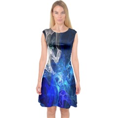 Ghost Fractal Texture Skull Ghostly White Blue Light Abstract Capsleeve Midi Dress by Simbadda