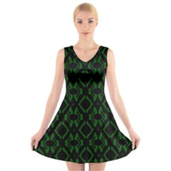 Green Black Pattern Abstract V-neck Sleeveless Skater Dress by Nexatart