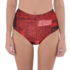 Red Background Patchwork Flowers Reversible High-waist Bikini Bottoms