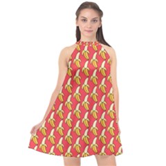 Bright Pink And Yellow Peeled Banana Patterns Halter Neckline Chiffon Dress  by NorthernWhimsy