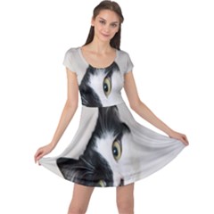 Cat Face Cute Black White Animals Cap Sleeve Dress