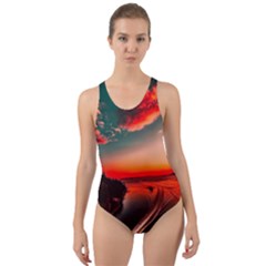 Sunset Dusk Boat Sea Ocean Water Cut-out Back One Piece Swimsuit