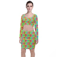 Colorful Robots Long Sleeve Crop Top & Bodycon Skirt Set