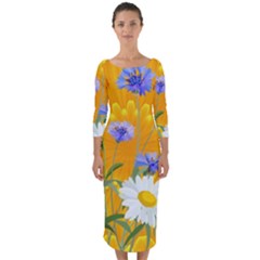 Flowers Daisy Floral Yellow Blue Quarter Sleeve Midi Bodycon Dress