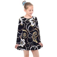 Beautiful Gold And White Flowers On Black Kids  Long Sleeve Dress by flipstylezfashionsLLC