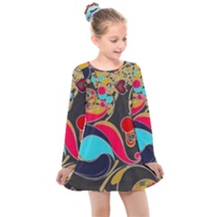 Retro Swirls In Black Kids  Long Sleeve Dress by flipstylezfashionsLLC