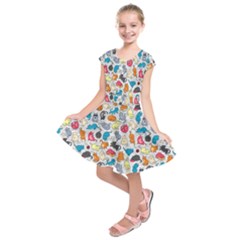 Funny Cute Colorful Cats Pattern Kids  Short Sleeve Dress