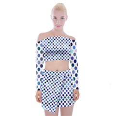 Shades Of Blue Polka Dots Off Shoulder Top With Mini Skirt Set