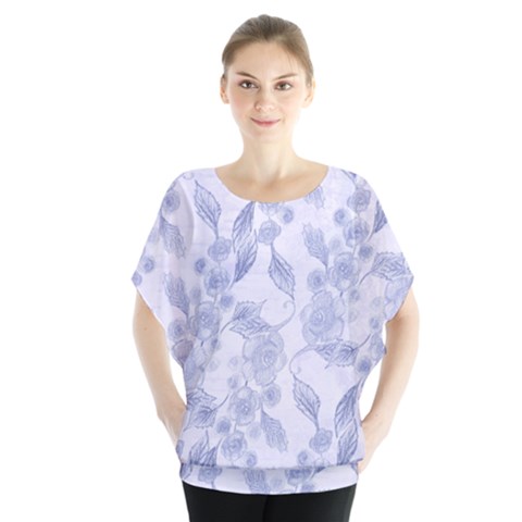 Blue Floral Batwing Chiffon Blouse by snowwhitegirl