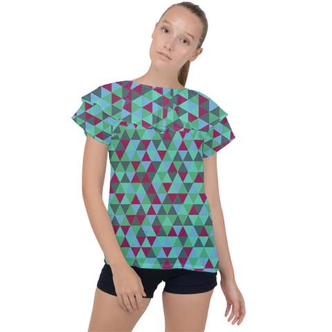 Retro Teal Green Geometric Pattern Ruffle Collar Chiffon Blouse by snowwhitegirl