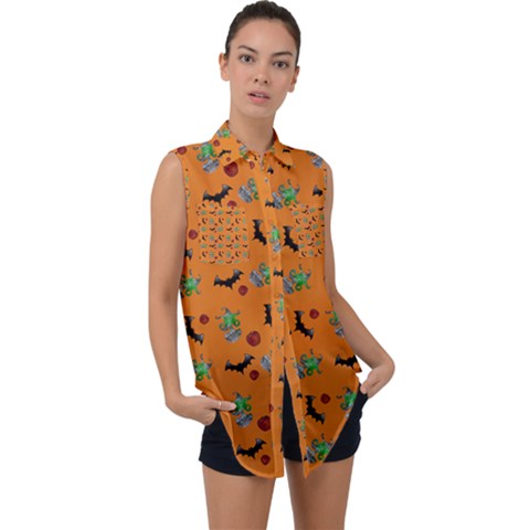 Halloween Witch Pattern Orange Sleeveless Chiffon Button Shirt by snowwhitegirl