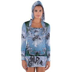 Surfboard With Dolphin Long Sleeve Hooded T-shirt by FantasyWorld7