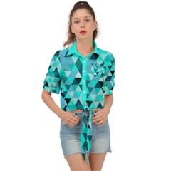 Teal Triangles Pattern Tie Front Shirt  by LoolyElzayat
