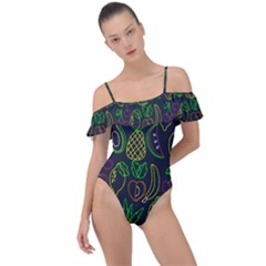 Neon Fruit Seamless Pattern Frill Detail One Piece Swimsuit by Vaneshart