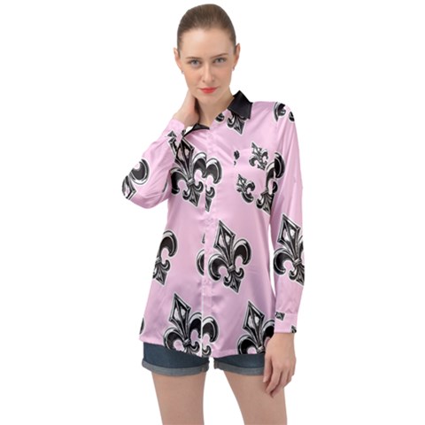 French France Fleur De Lys Metal Pattern Black And White Antique Vintage Pink And Black Rocker Long Sleeve Satin Shirt by Quebec