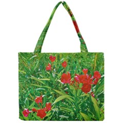 Red Flowers And Green Plants At Outdoor Garden Mini Tote Bag