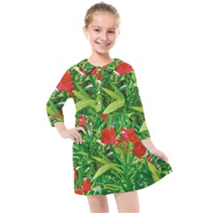 Red Flowers And Green Plants At Outdoor Garden Kids  Quarter Sleeve Shirt Dress