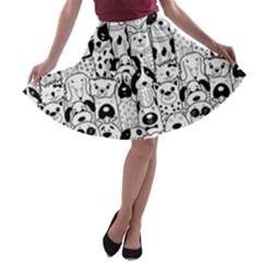 Seamless Pattern With Black White Doodle Dogs A-line Skater Skirt