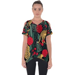 Seamless-pattern-with-leopards-and-roses-vector Cut Out Side Drop Tee by Sobalvarro