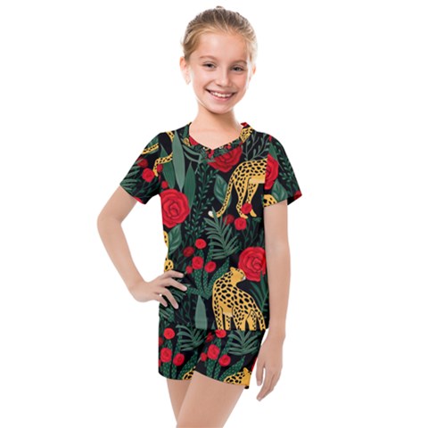 Seamless-pattern-with-leopards-and-roses-vector Kids  Mesh Tee And Shorts Set by Sobalvarro