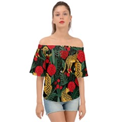 Seamless-pattern-with-leopards-and-roses-vector Off Shoulder Short Sleeve Top by Sobalvarro