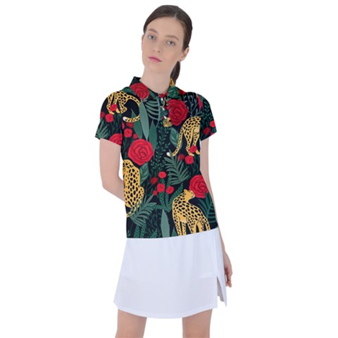 Seamless-pattern-with-leopards-and-roses-vector Women s Polo Tee by Sobalvarro