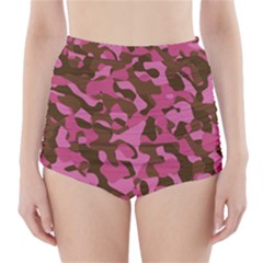 Pink And Brown Camouflage High-waisted Bikini Bottoms by SpinnyChairDesigns