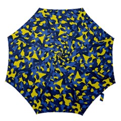 Blue And Yellow Camouflage Pattern Hook Handle Umbrellas (large) by SpinnyChairDesigns