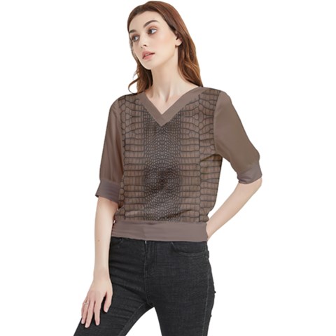 Brown Alligator Leather Skin Quarter Sleeve Blouse by LoolyElzayat