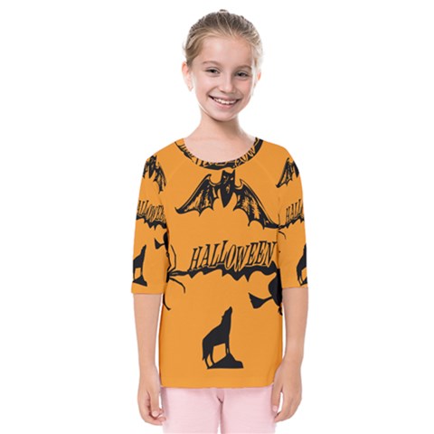 Happy Halloween Scary Funny Spooky Logo Witch On Broom Broomstick Spider Wolf Bat Black 8888 Black A Kids  Quarter Sleeve Raglan Tee by HalloweenParty