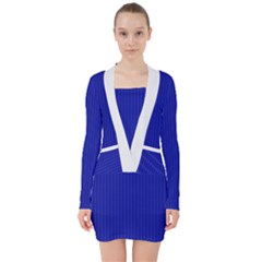 Admiral Blue & White - V-neck Bodycon Long Sleeve Dress by FashionLane