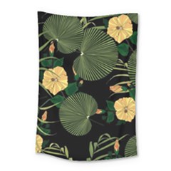 Tropical Vintage Yellow Hibiscus Floral Green Leaves Seamless Pattern Black Background  Small Tapestry by Sobalvarro