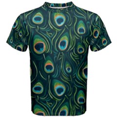 Watercolor Peacock Feather Pattern Men s Cotton Tee by ExtraAwesomeSauce