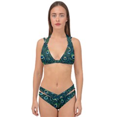 Watercolor Peacock Feather Pattern Double Strap Halter Bikini Set by ExtraAwesomeSauce