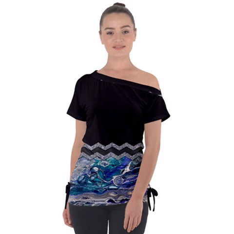 Blue Ocean Minimal Liquid Painting Off Shoulder Tie-up Tee by gloriasanchez