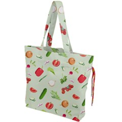 Seamless Pattern With Vegetables  Delicious Vegetables Drawstring Tote Bag by SychEva