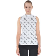 Grey Unicorn Sketchy Style Motif Drawing Pattern Mock Neck Shell Top